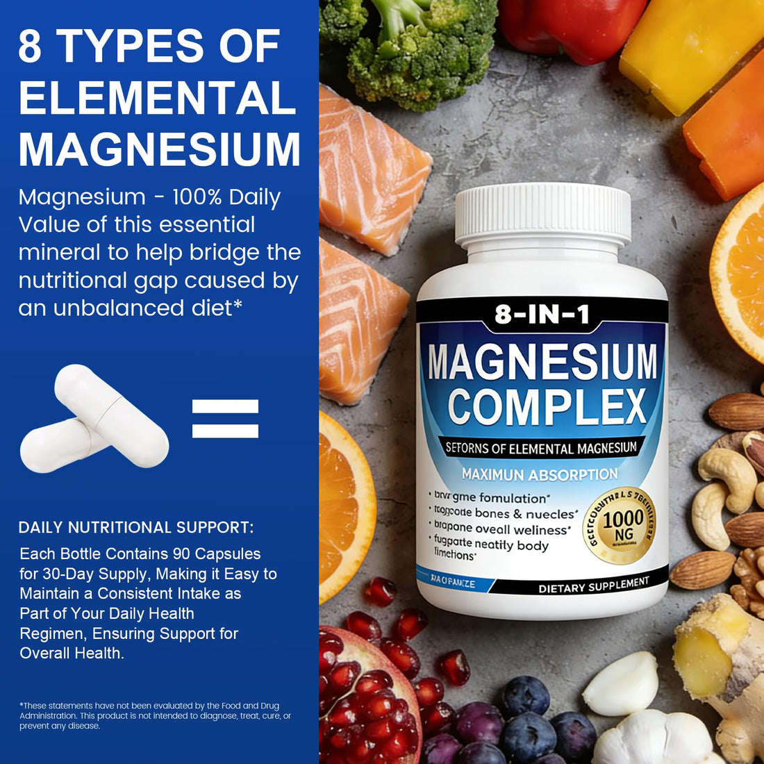 Bottle of 8-IN-1 Magnesium Complex dietary supplement on a white background