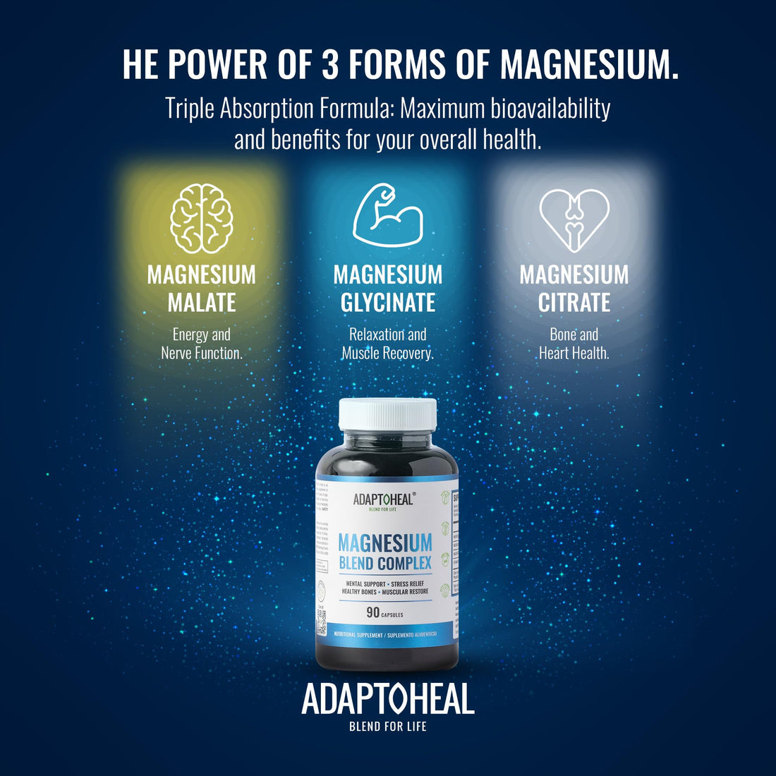 Adaptogen Magnesium Blend Complex supplement bottle on a white background