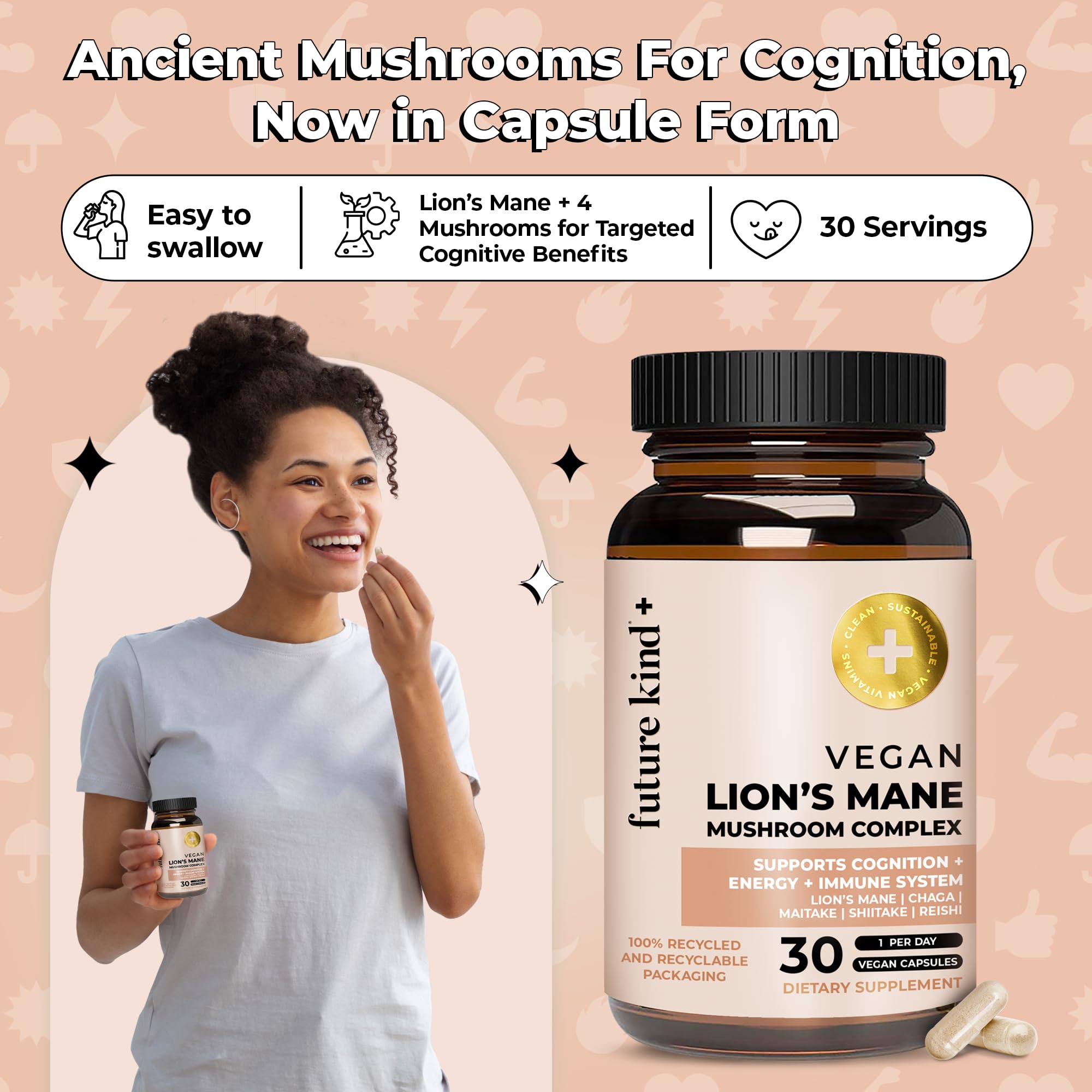Future Kind Vegan Lion’s Mane Mushroom Complex - Brain Supplement with Chaga, Maitake, Shiitake, & Reishi, Supports Memory and Focus (30ct)