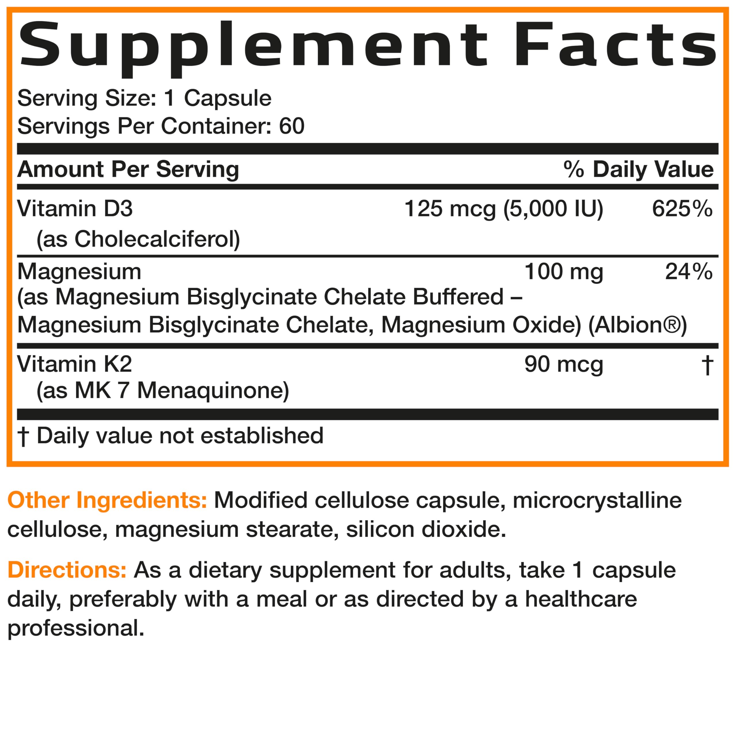 Bronson Vitamin K2+D3 Magnesium Glycinate Supplement, 60 Capsules | 3-in-1 Bone & Heart Health Support Formula, Non-GMO, Gluten Free, Soy Free