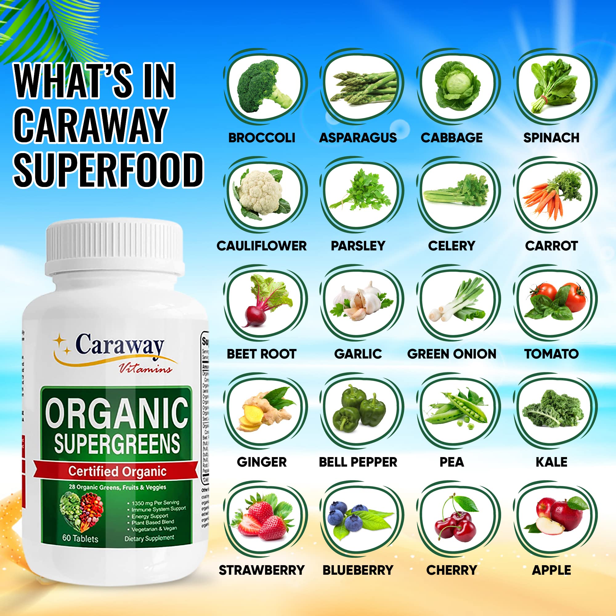 Organic Superfoods Vitamins Super Greens Complex by Caraway Vitamins 1,350 mg per Serving 28 Fruits Vegetables Greens 60 Count Tablets Non-GMO Natural for Men & Women Caraway VitaminsBuy Supplements Australia