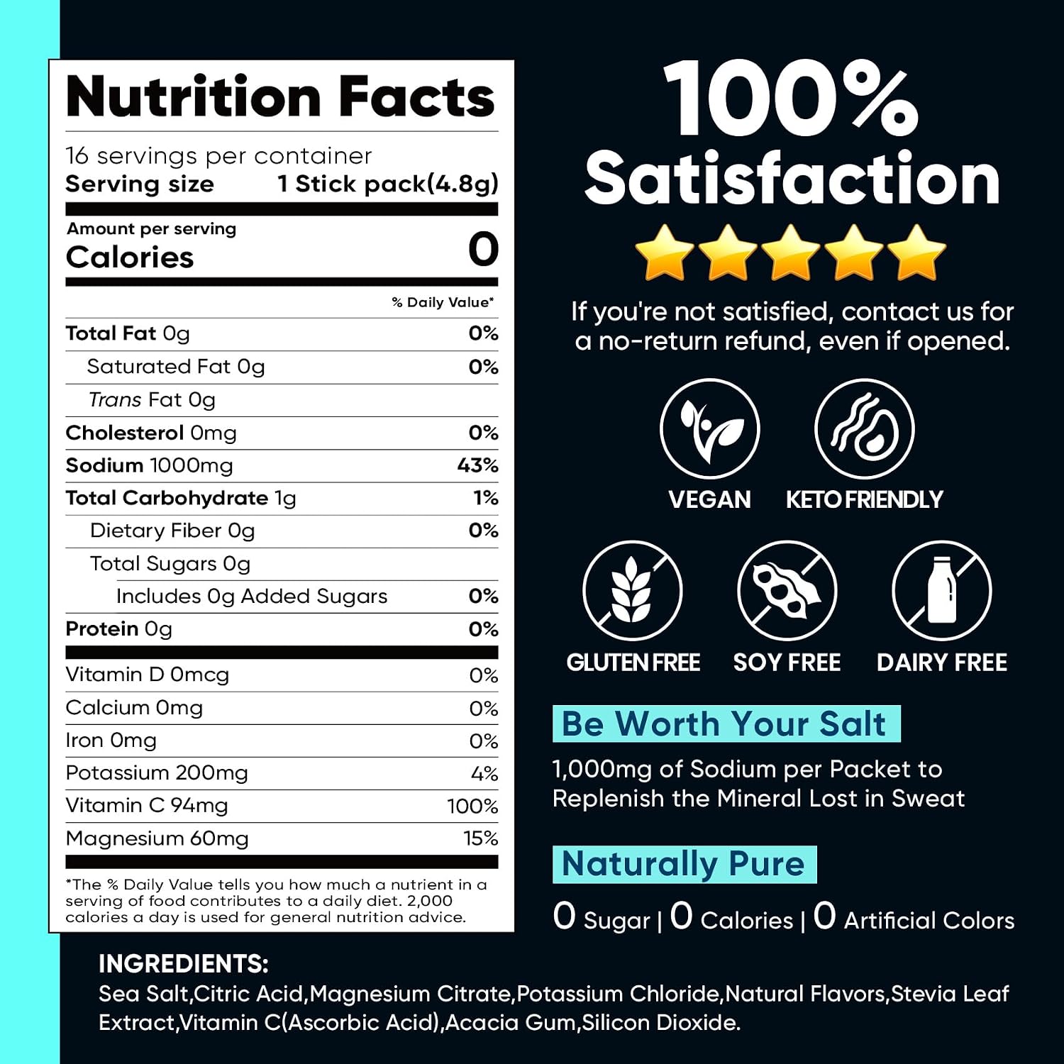 Venture Pal High Sodium Sugar Free Electrolytes Powder Packets, 16 Count | Hydration Packets with Sodium, Magnesium & Potassium, Vitamins, Zero Calories, Vegan, Keto & Paleo Friendly