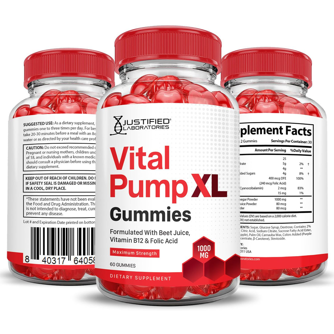 Bottles of Vital Pump XL Gummies with red and white labels on a white background