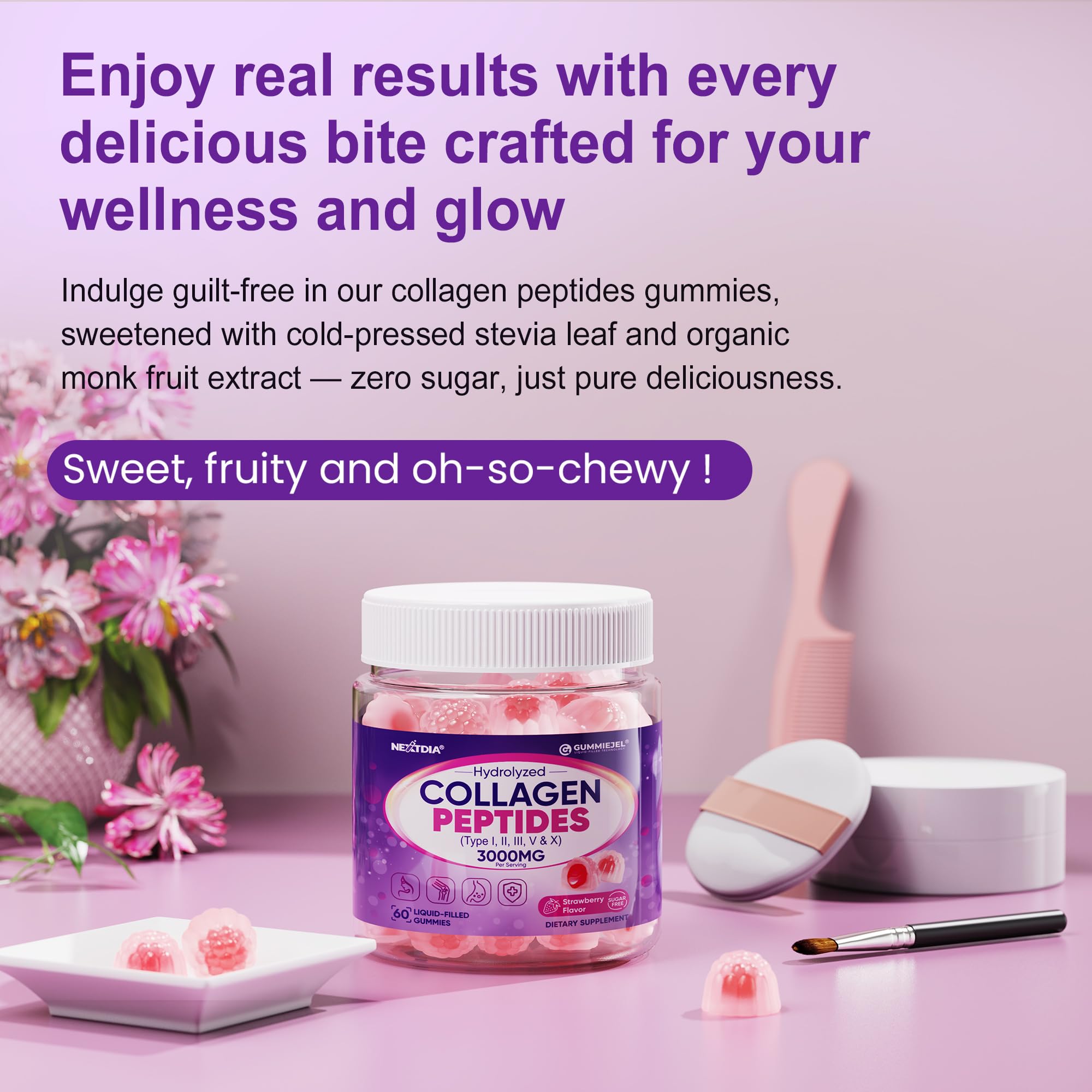 Collagen Gummies for Women & Men 3000mg, Hydrolyzed Collagen Peptides with Antioxidant Blend & Digestive Enzymes, Multi Collagen (Type I,II,III,V,X) for Anti-Aging, Hair, Skin, Nails, Sugar Free,60Cts