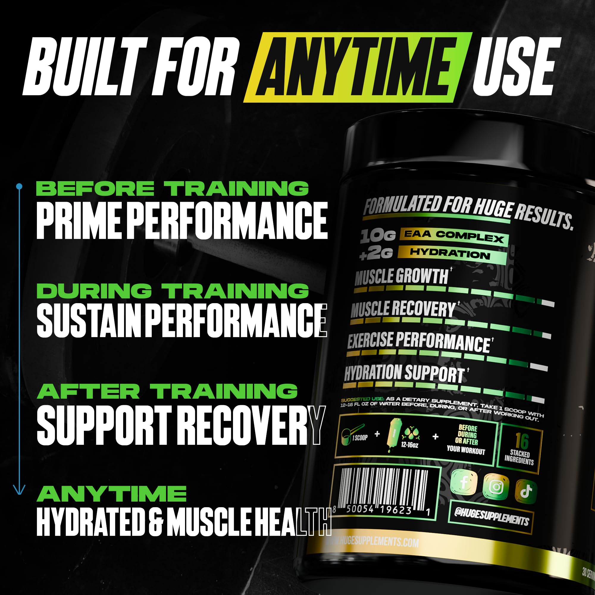 Huge EAA + Hydration, Essential Amino Acids Powder, EAAs & BCAAs, Intra & Post Workout Recovery Powder, Muscle Growth, Recovery & Performance, 10g EAAs & Electrolytes, Kiwi Blueberry, 30 Servings