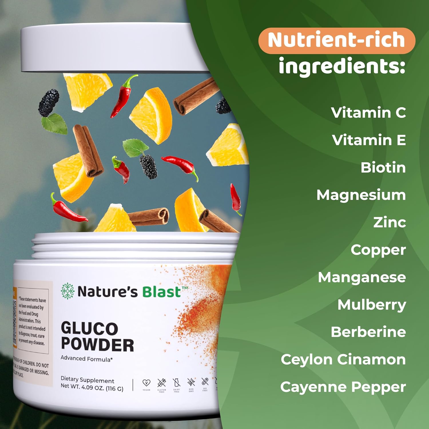 Gluco-Powder | Metabolic Wellness Blend for Energy & Vitality | White Mulberry Extract & Ceylon Cinnamon, Metabolic Wellness Blend, Energy & Vitality. 30 Days Supply. Orange Cinnamon flavor
