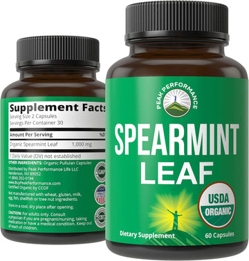 Peak Performance USDA Organic Spearmint Capsules. Organic Vegan Spearmint Leaf Pills for Digestive Support, Ingestion, and More. USA Tested Supplement for Women and Men.