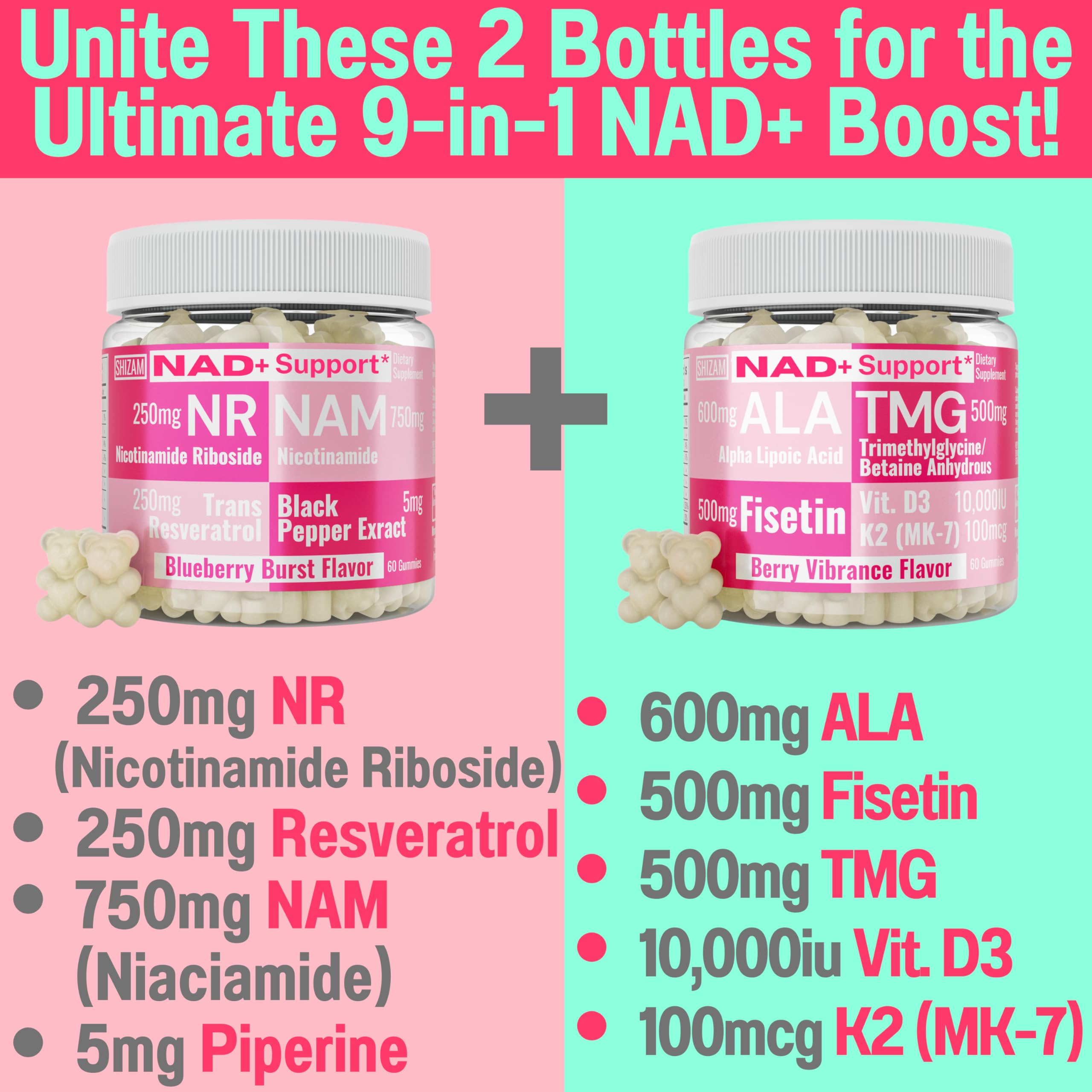 SHIZAM TMG Betaine Alpha Lipoic Acid ALA D3 Fisetin Gummies, Tri-Methylglycine trimethylglycine R-Alpha NAD+ Plus + HCL Supplements, Mitochondrial Senolytic Activator, NR Capsules Powder 600mg 1000mg SHIZAMBuy Supplements Australia