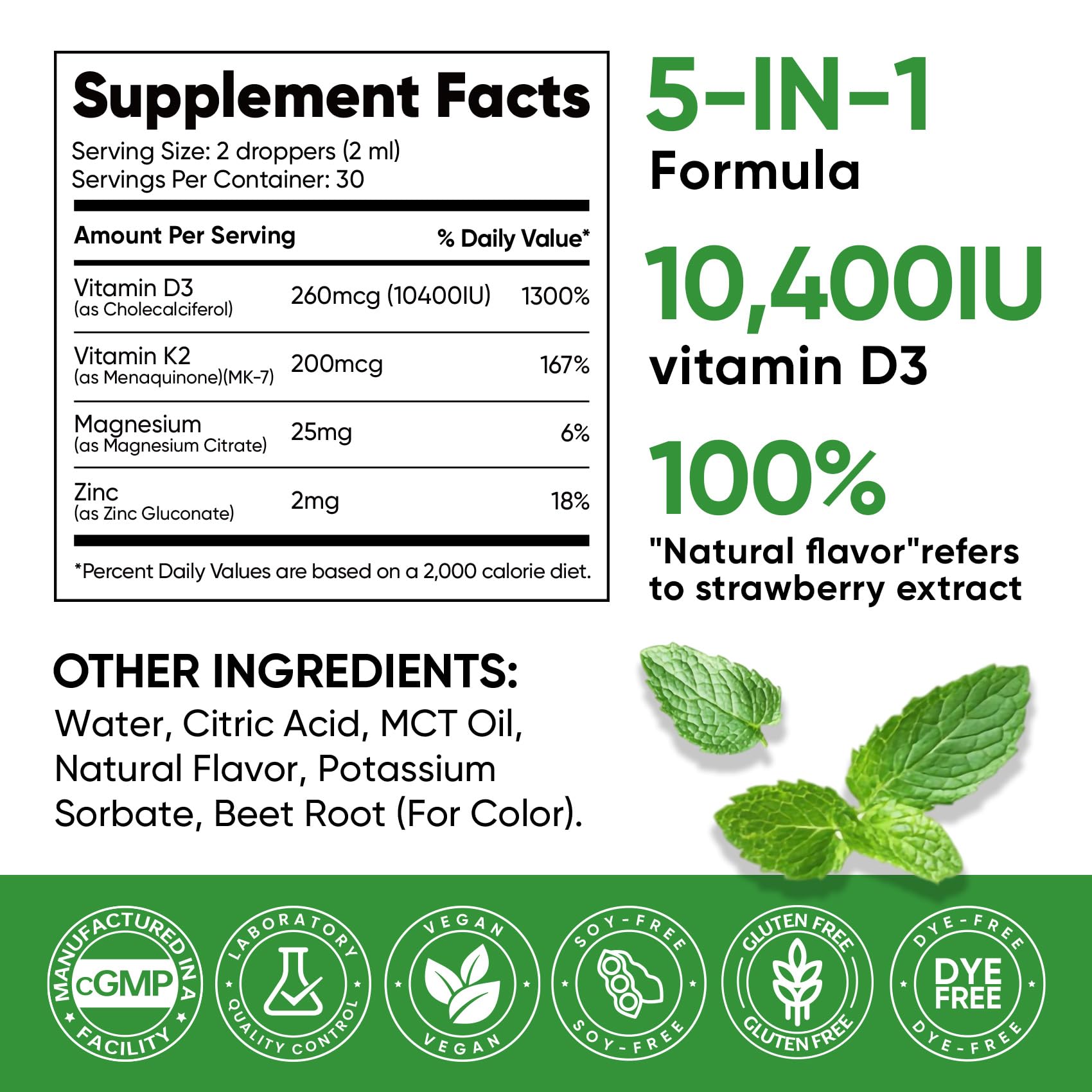 5-in-1 Vitamin D3 K2 Drops, Vitamin D3 10400 IU & K2(MK-7) 200mcg | With Magnesium, MCT Oil, Zinc, Maximum Absorption Vitamin D Liquid for Bone, Mood & Immune - Sugar Free | 2 FL OZ | 60 Days