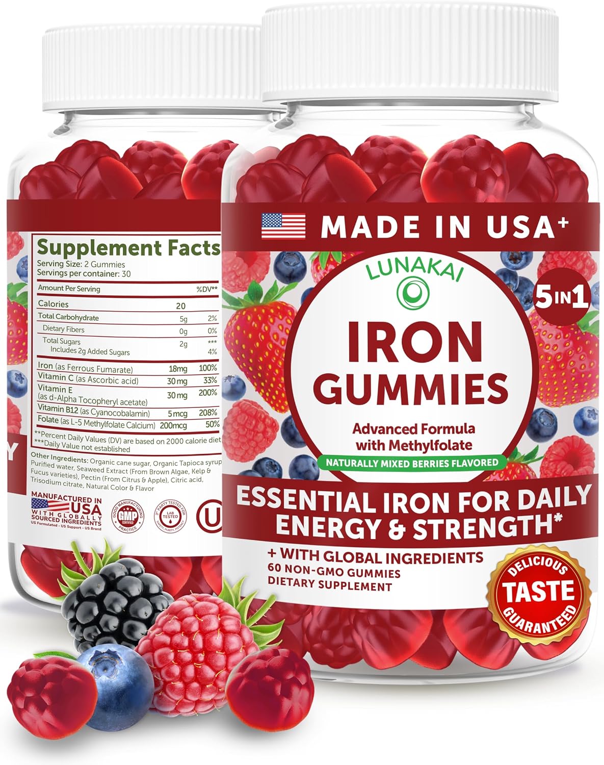 Lunakai USA Made Vegan Iron Gummies 5-in-1 with Methylfolate, Vitamin C, E & B12 - Daily Chewable Iron Supplement for Women, Men & Kids - Energy & Blood Health Support, Non-GMO, 60ct