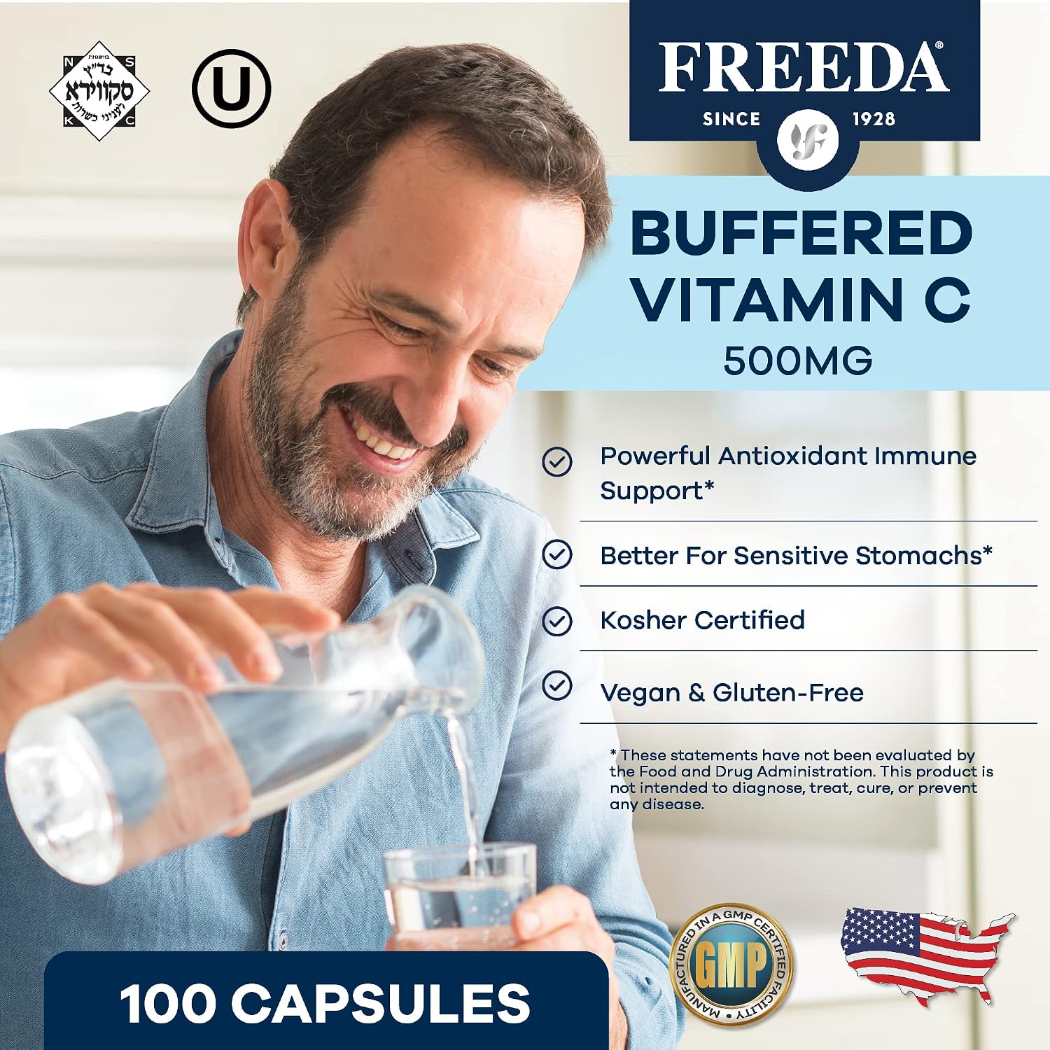 FREEDA Buffered Vitamin C 500mg for Immune Support – 100 Capsules | Includes 50mg Calcium – Supports Immune Health & Antioxidant Defense – Gentle on Stomachs, Kosher, Vegan, & Made in USA