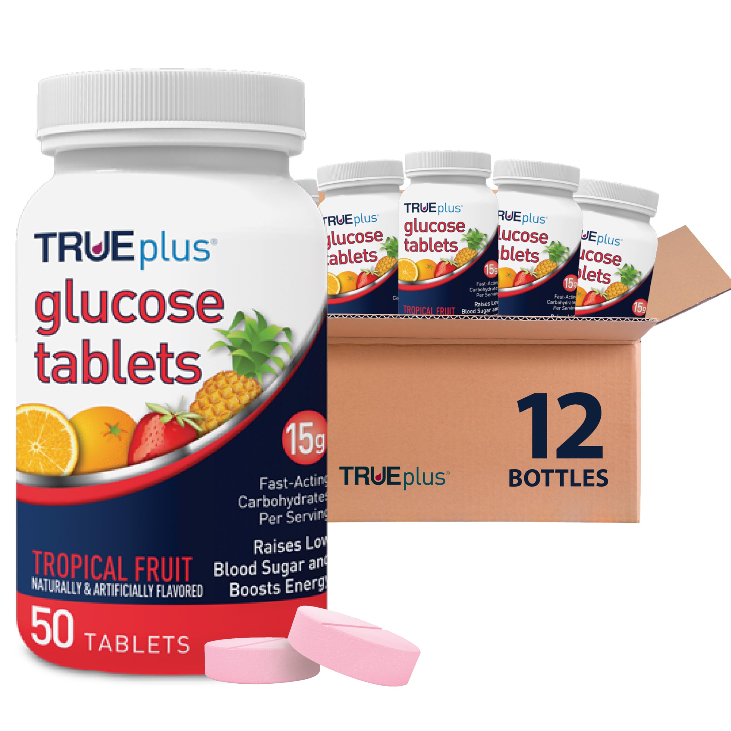 TRUEplus Glucose Tablets, Grape, Raspberry, Orange Flavors, 50 Count | Chewable Tablets, 15g Fast-Acting Carbohydrates, Fat Free, Gluten Free, Boosts Energy, Great Tasting and Easy to Use