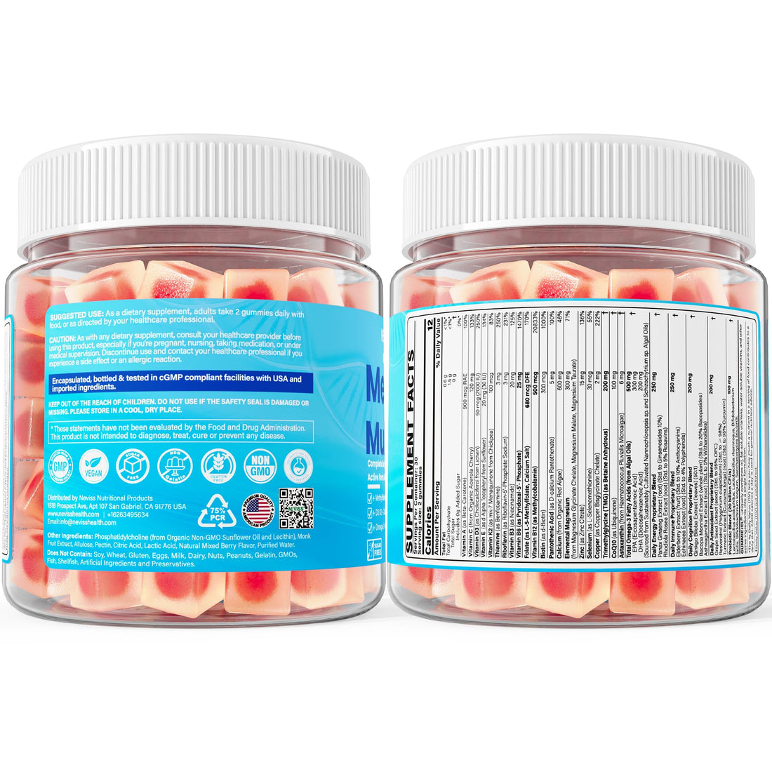 Neviss Methylated Multivitamin gummies container with blue label and gummy vitamins visible.