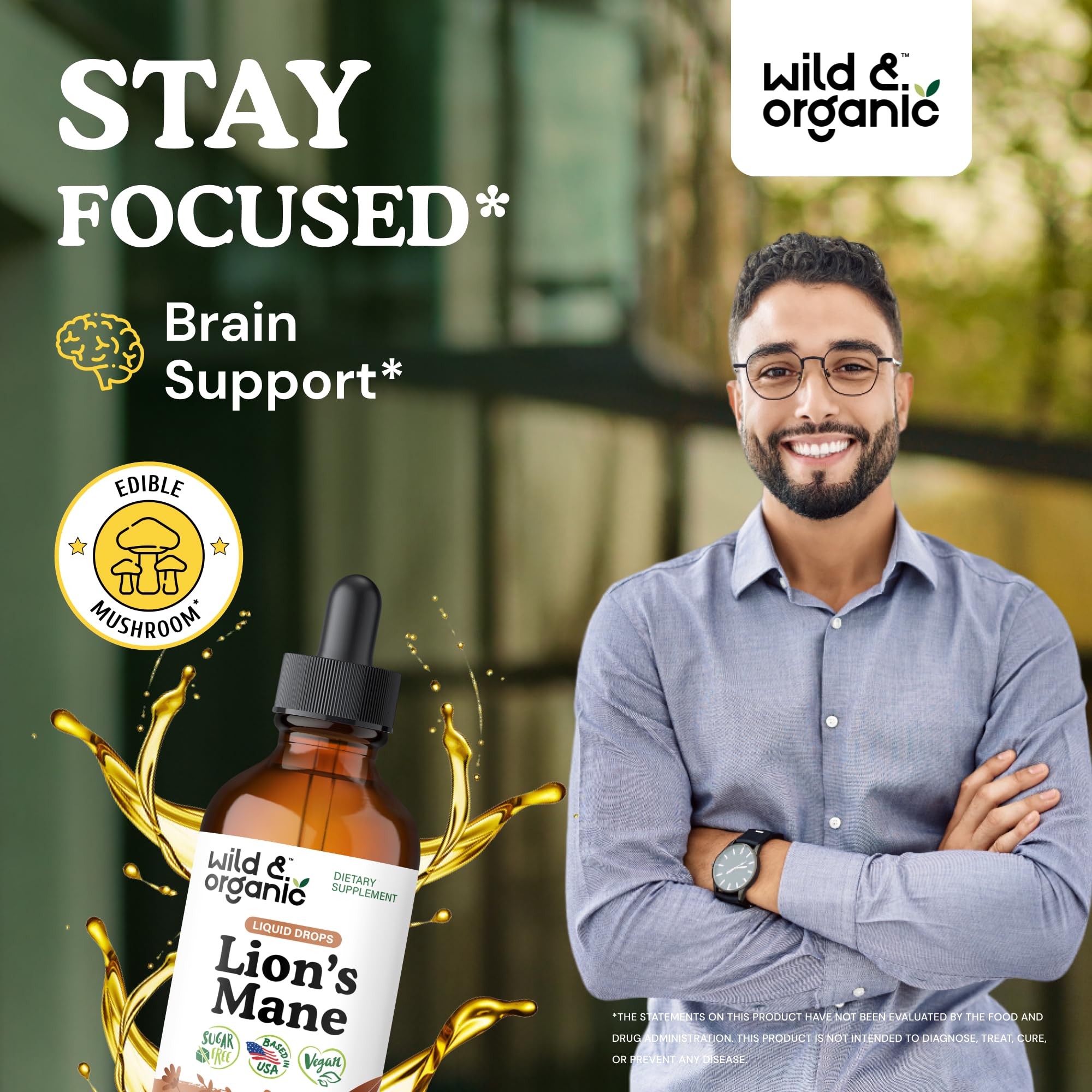 Wild & Organic Lions Mane Liquid Drops - Brain & Focus Support - Lion's Mane Mushroom Supplement - Hericium Erinaceus Mushroom Drops - Mix with Powder - Sugar & Alcohol-Free Extract Tincture - 4 oz