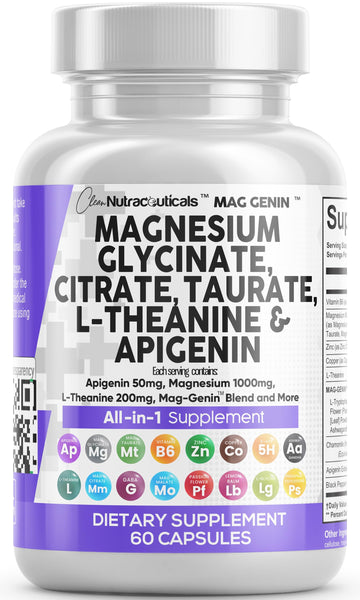Clean Nutraceuticals Magnesium Glycinate Complex 1000mg with L-Theanine 200mg Apigenin 50mg Citrate Taurate Supplement - 5-HTP GABA Passion Flower Lemon Balm L-Glycine Phosphatidylserine - 60 Count Clean NutraceuticalsBuy Supplements Australia