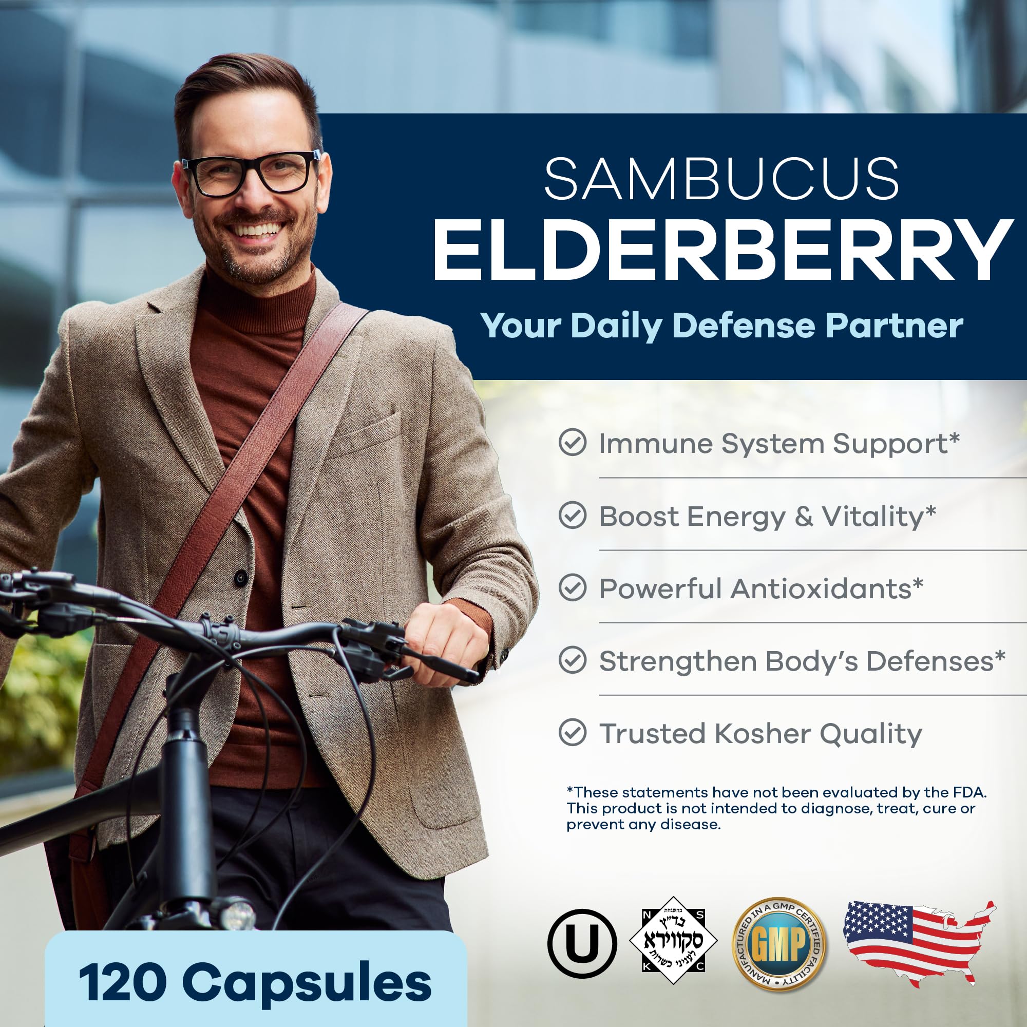 FREEDA Sambucus Elderberry Capsules - 5-in-1 Immune Support - 120 Count | Herbal Antioxidant Supplement with Vitamin C, Zinc, Vitamin D3 & Ginger for Adults - Gluten-Free - Made In USA