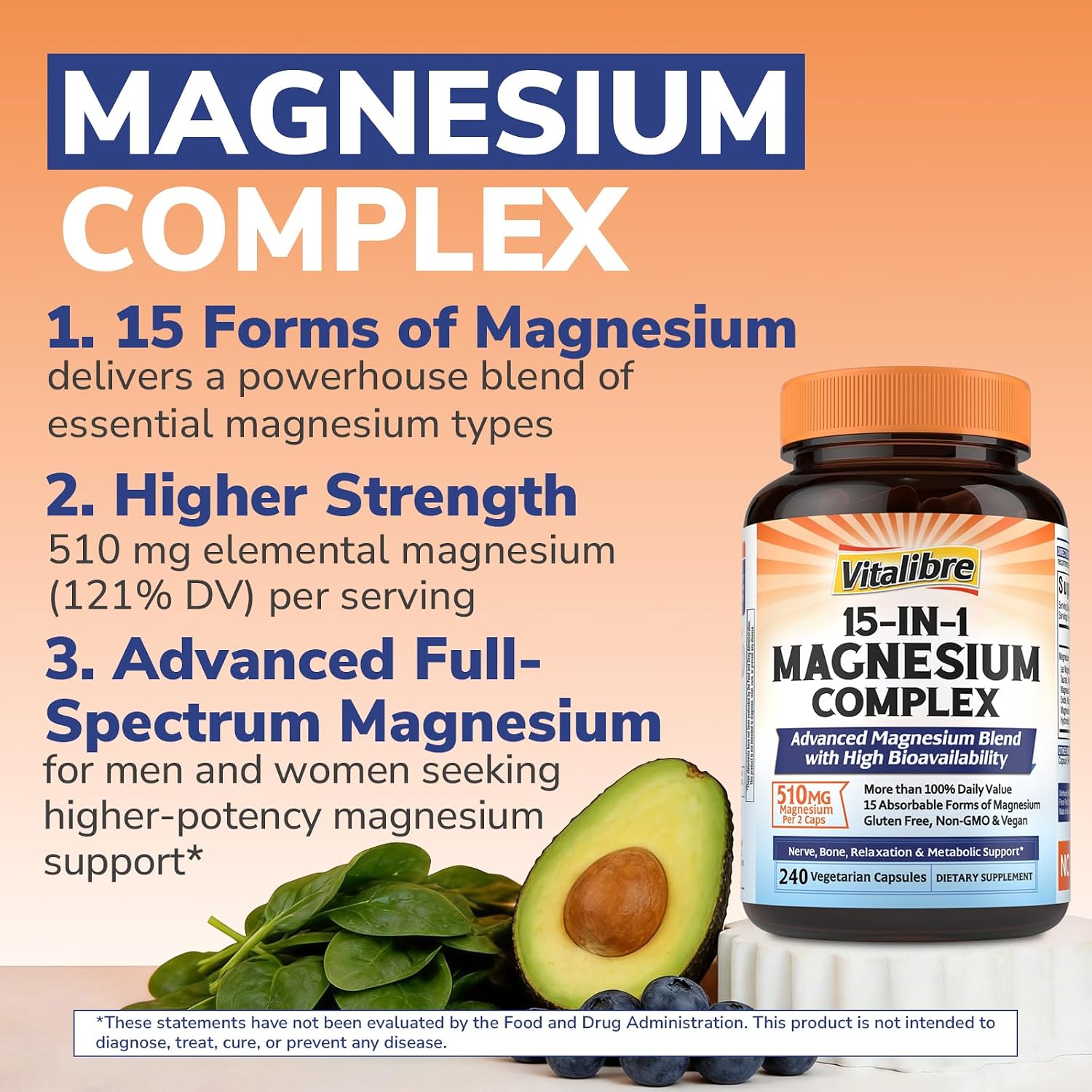 Vitalibre 15 in 1 Magnesium Complex for Women & Men 510mg, 240 Capsules | Maximum Absorption Glycinate, Malate, Taurate, Citrate and More for Bones, Heart, Recovery, Energy | Non-GMO