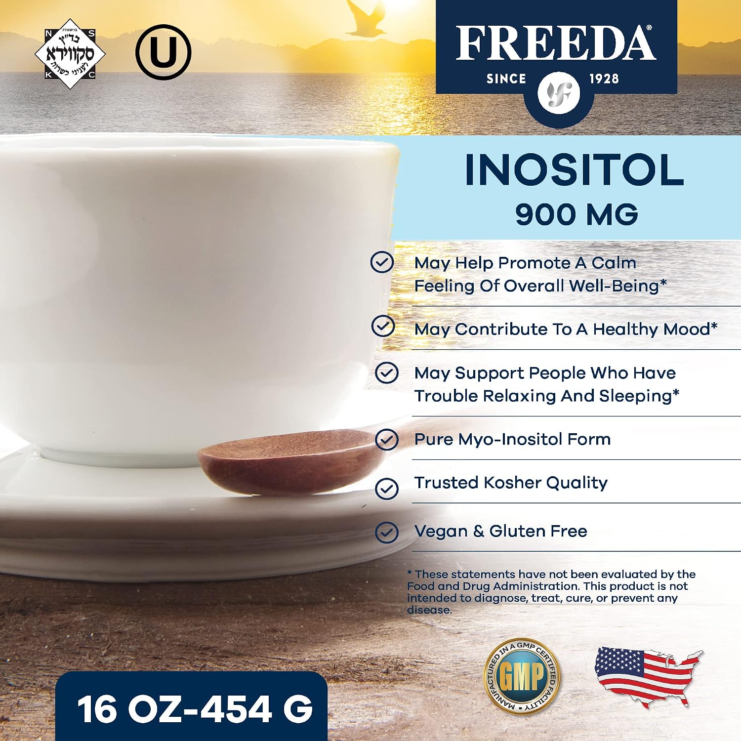 FREEDA Pure Myo-Inositol Powder – Vitamin B8 for Hormone, Mood & Cellular Health – Supports Fertility, Focus, Energy & Nervous System Function – Kosher, Vegan, Non-GMO, Gluten-Free (16 oz) | One-Ingredient Formula with No Fillers, Sweeteners, or Additives