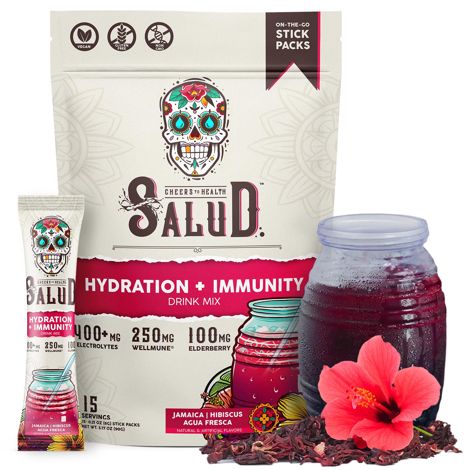 Salud 2-in-1 Hydration + Immunity Drink Mix, Cucumber Lime | Electrolytes Powder, Agua Fresca, Elderberry, Dairy & Soy Free, Non-GMO, Gluten Free, Vegan, 1g Sugar (15 Servings)