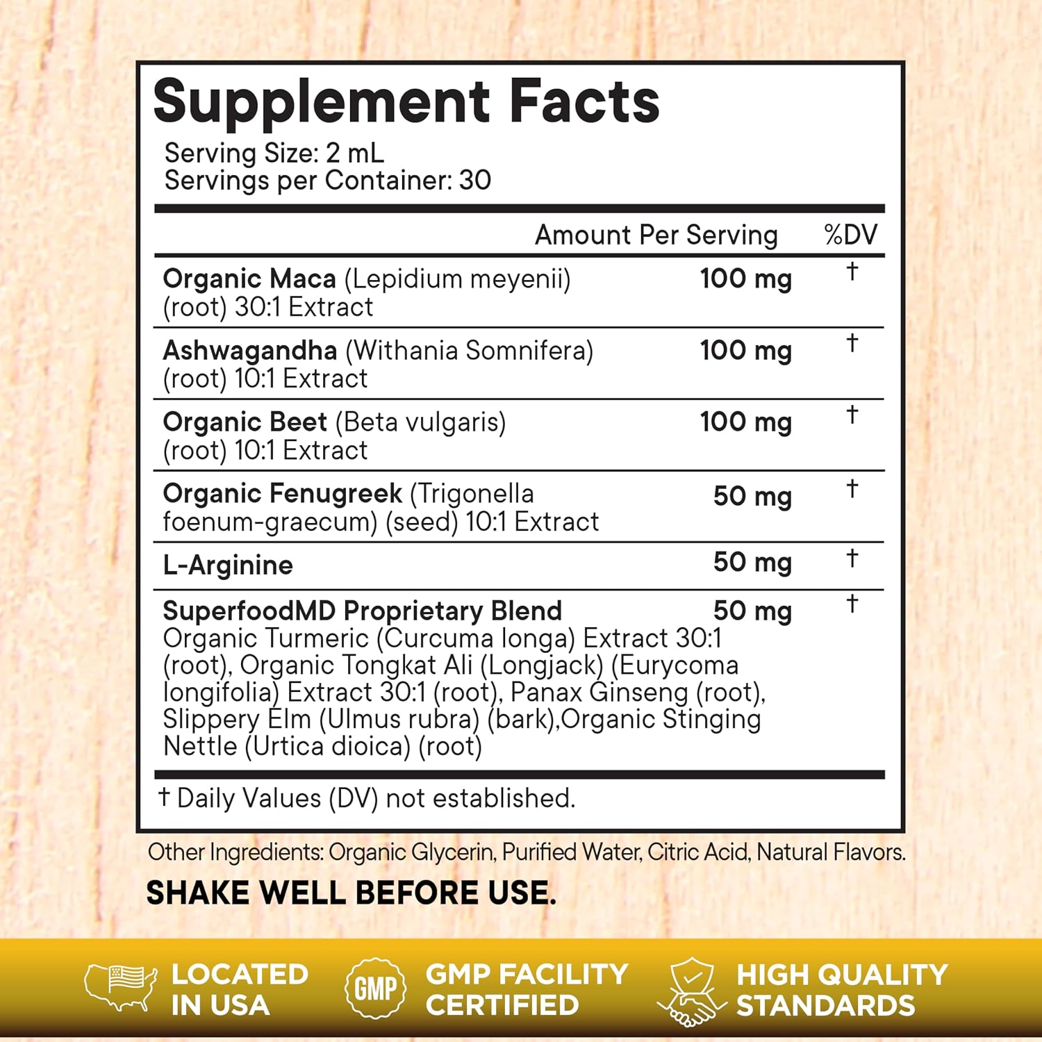 Superfood MD Maca Root Liquid Drops with Ashwagandha, Nettle, Fenugreek, Beet Root and L-Arginine Liquid Multivitamin for Women and Men - 8 Oz