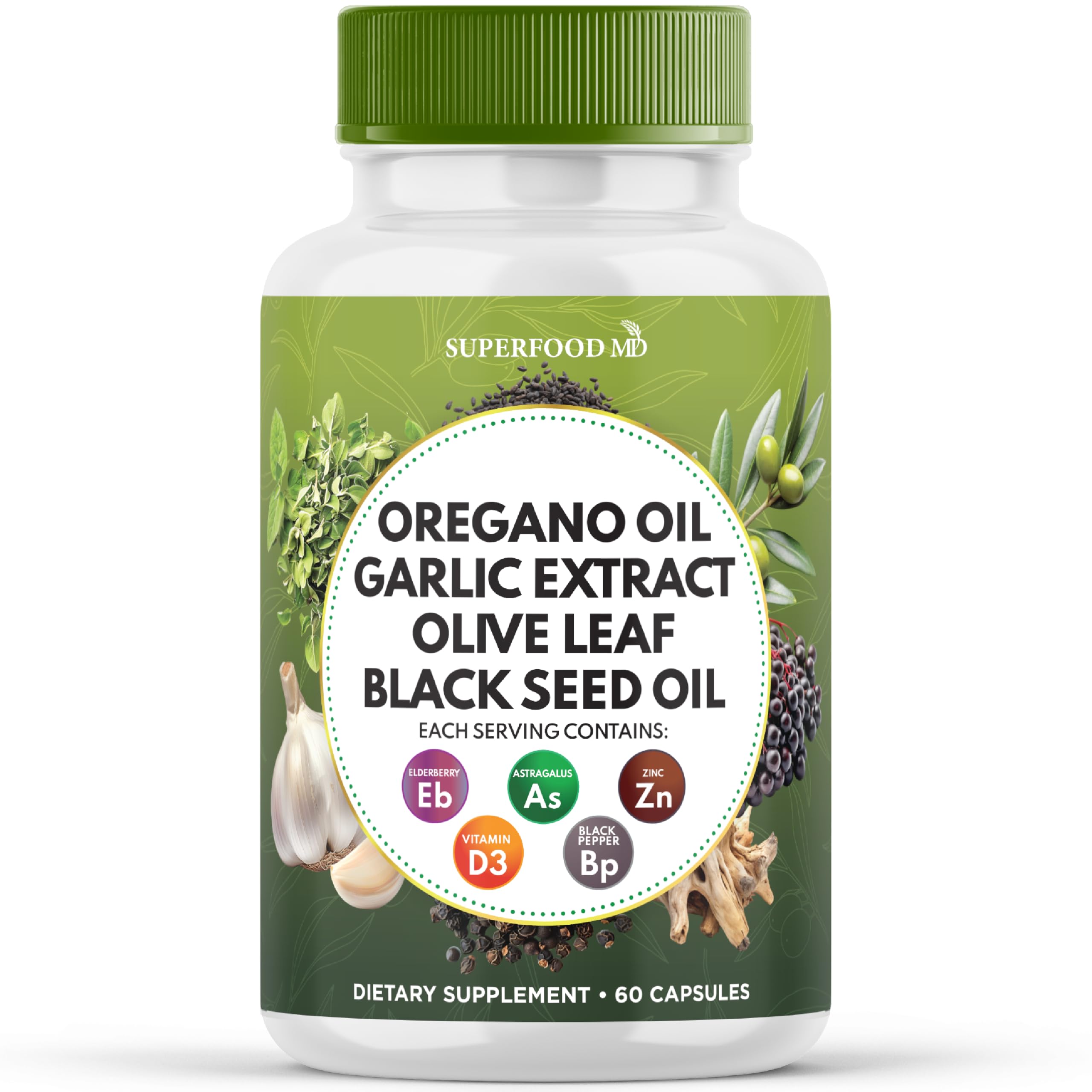 Superfood MD Oregano Oil Garlic Extract Olive Leaf Black Seed Oil Astragalus- for Women and Men- 60 Count