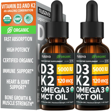 (2 Pack) Organic Vitamin D3 K2 Drops with MCT Oil Omega 3, 5000 IU — Liquid D3, No Fillers, Non-GMO, Immune Support (Unflavored, 2 Fl Oz) NUSAVA buy supplements Au