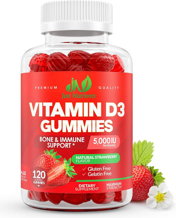 Vitamin D3 5000/10000 IU Gummies for Adults & Kids (120 Count) | Maximum Strength Support for Immune System, Bones & Teeth - Gluten-Free, Great Tasting Strawberry Flavor - 4 Month Supply
