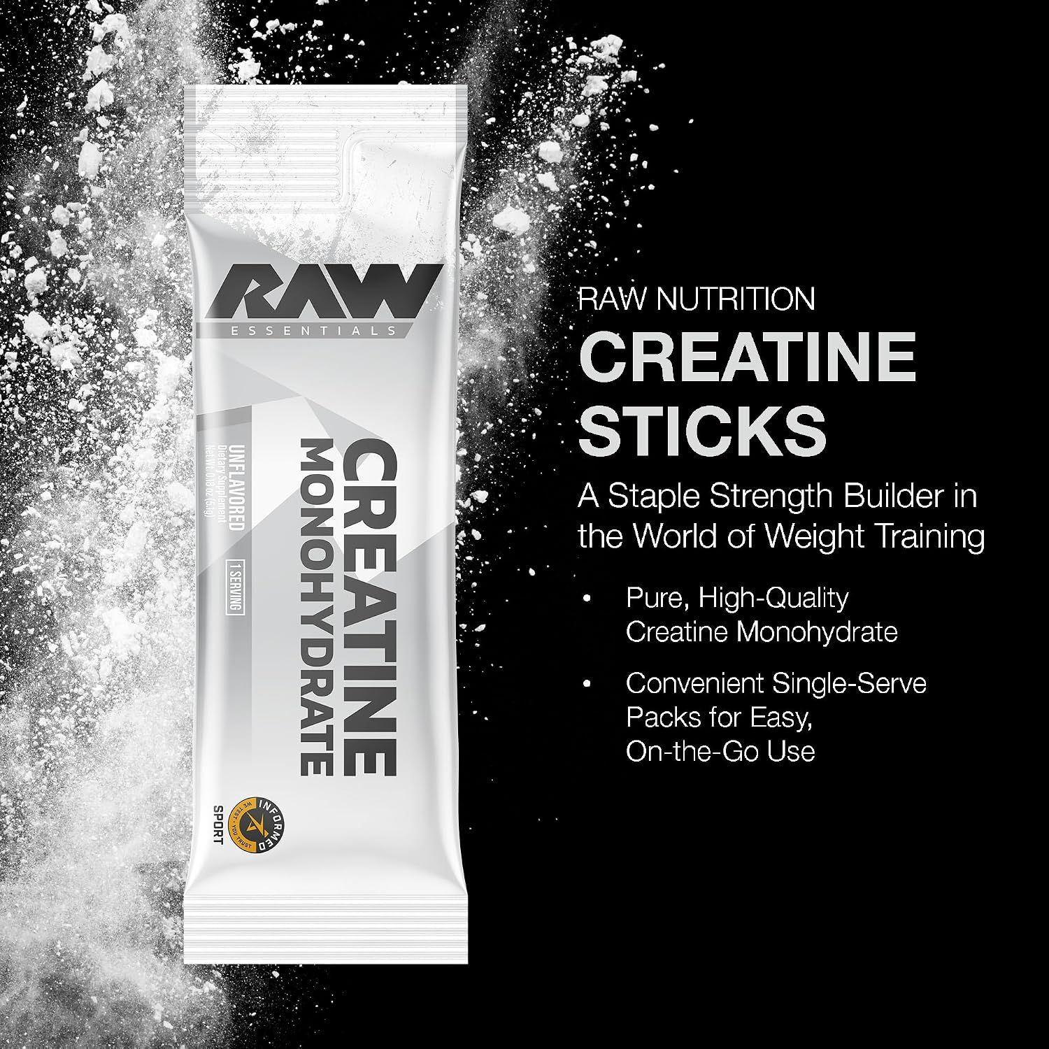 RAW Creatine Monohydrate to-Go Stick Packs, Unflavored – 5g Micronized Creatine Per Serving – Muscle Strength, Power & Recovery Support