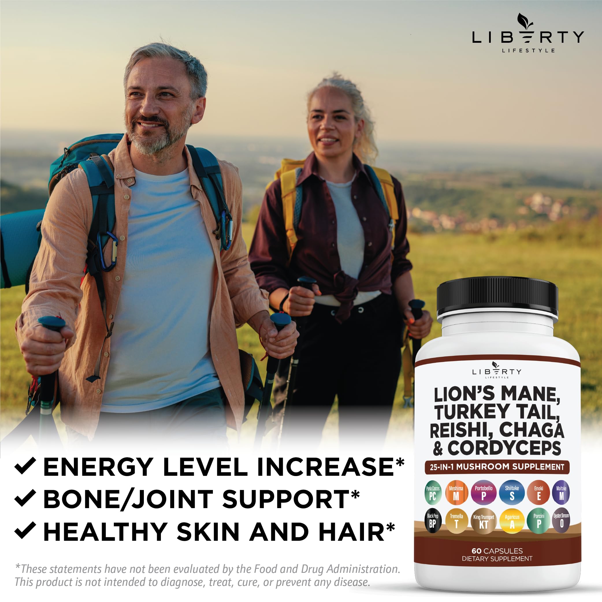 Liberty Lifestyle Lions Mane Mushroom Supplement with Turkey Tail Reishi Cordyceps Chaga with Marshmallow Root - 2-Pack