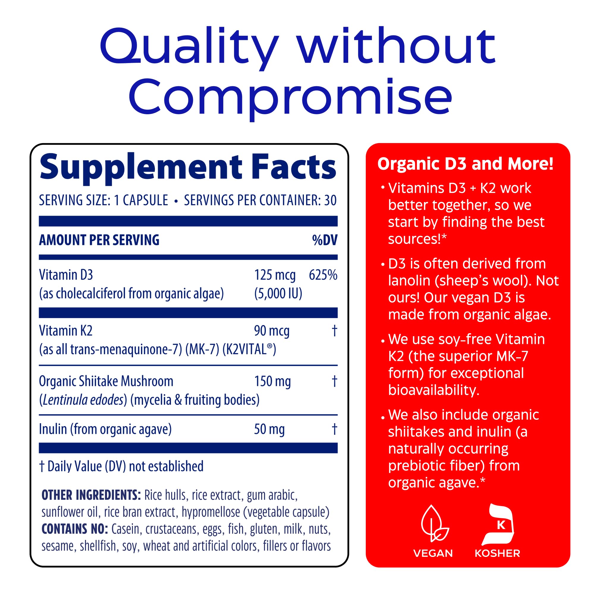 Enzymedica Vitamin D3 and K2 Supplement Caps for Men & Women - VIT D3 5000 IU & VIT K2 MK-7 90 mcg, Immune & Bone Health Support, Features Shitake Mushrooms & Prebiotic Fiber, Vegan - 60 Capsules