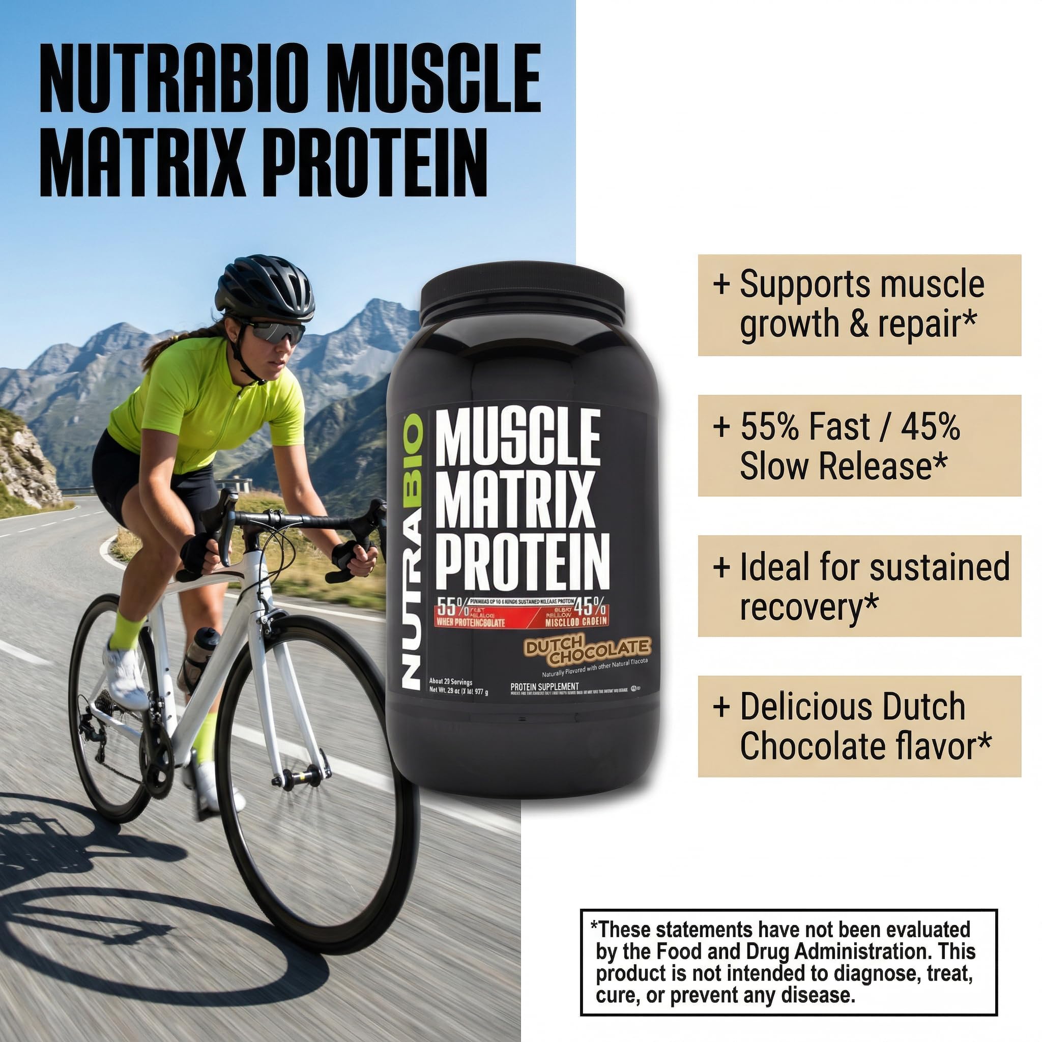 NutraBio Muscle Matrix Protein Powder - 25g of Protein Per Scoop - Whey Isolate and Micellar Casein Combo for Fast and Slow Release - Dutch Chocolate - 2 Pounds, 28 Servings