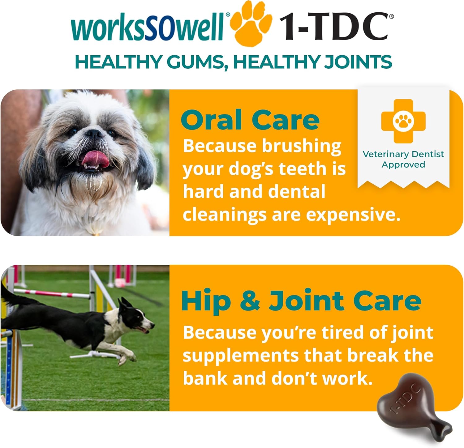 1TDC WorksSoWell Dual Action Hip and Joint Supplement for Dogs & Cats - for Large & Small Breed - Great for Oral Health, Stamina Recovery & Arthritis Pain Relief -120 ct