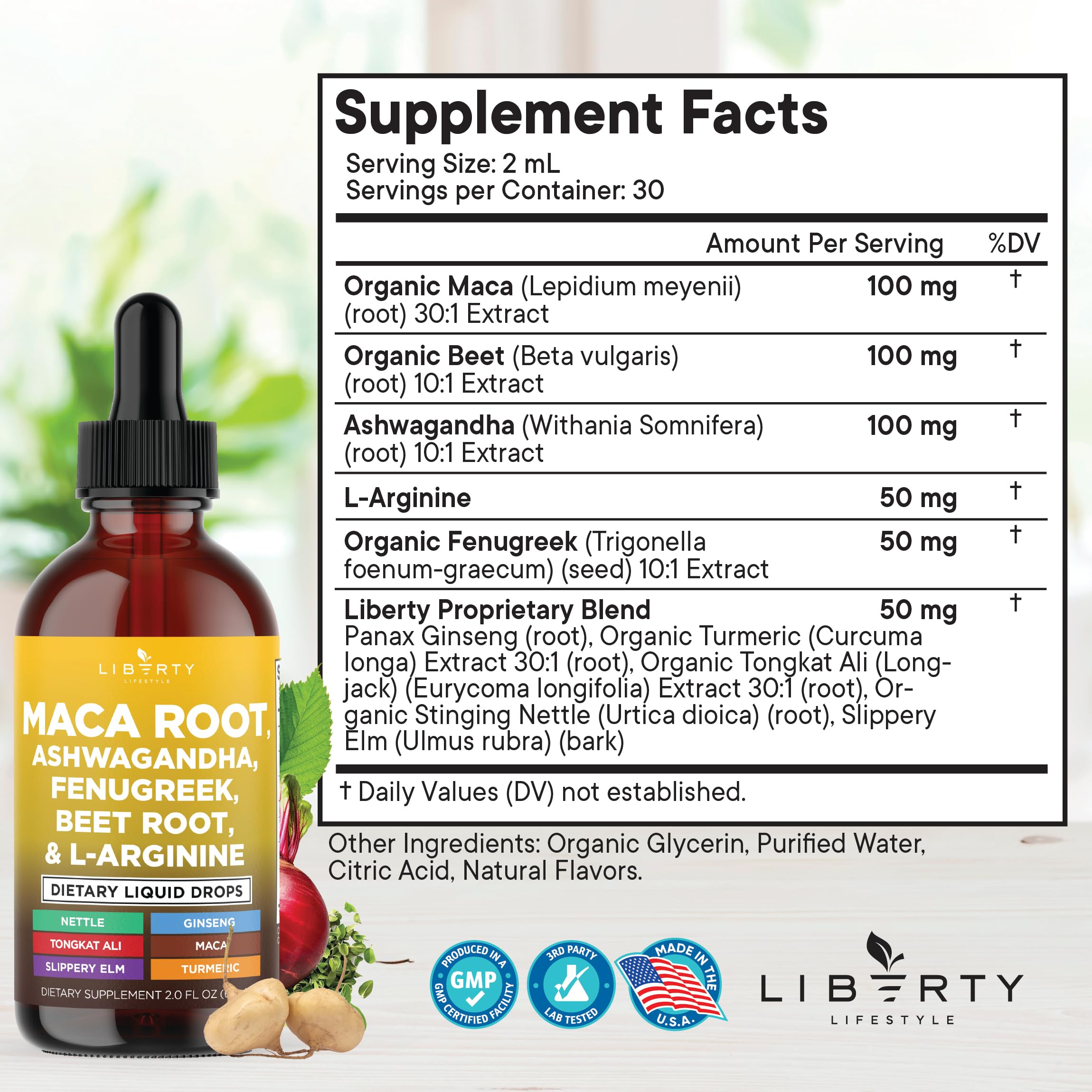 Liberty Lifestyle Organic Maca Root Liquid Drops with Ashwagandha, Nettle, Fenugreek, Beet Root and L-Arginine Liquid Multivitamin for Women and Men - 2oz