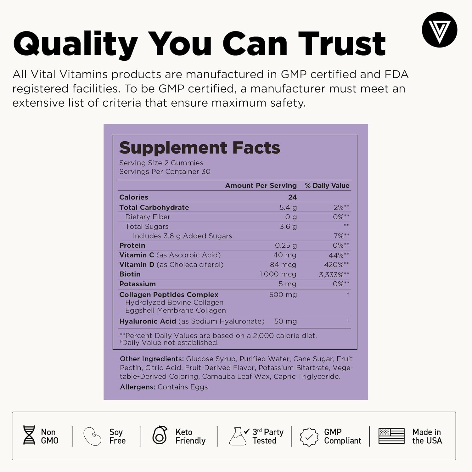 Vital Vitamins Multi Collagen Complex Plus Gummies - Collagen Peptides Types I, III & V with Hyaluronic Acid, Biotin, Vitamin C & Vitamin D - Hair, Skin & Nail Support - Wild Berry - 60 Count
