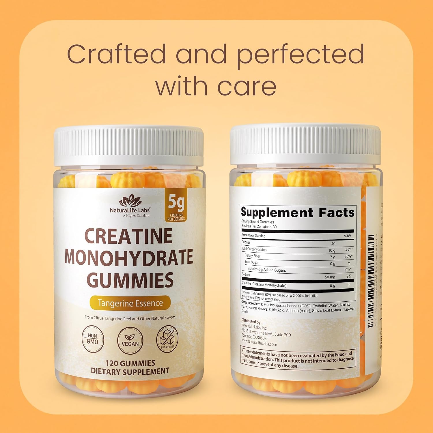 NaturaLife Labs Creatine Monohydrate Gummies - 5g per Serving - Tangerine Flavor - 120 Gummies - Gluten-Free, Non-GMO, Vegan, Sugar Free