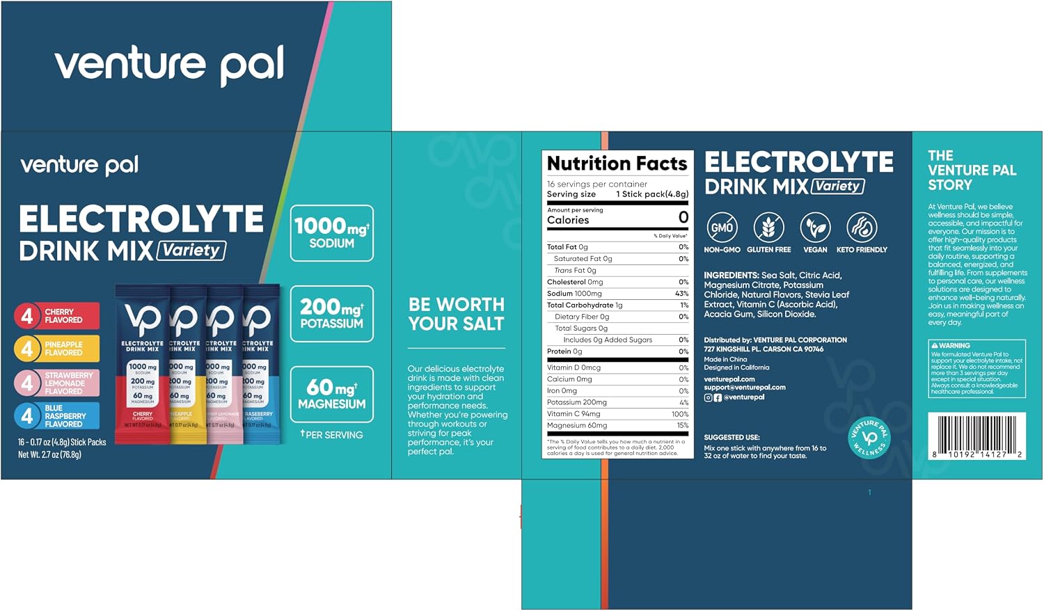 Venture Pal High Sodium Sugar Free Electrolytes Powder Packets, 16 Count | Hydration Packets with Sodium, Magnesium & Potassium, Vitamins, Zero Calories, Vegan, Keto & Paleo Friendly