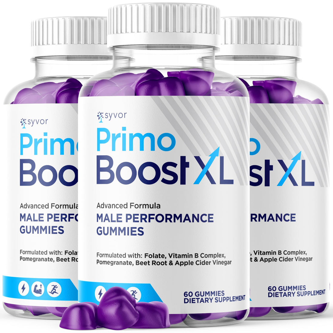 Three bottles of Primo Boost XL male performance gummies on a white background