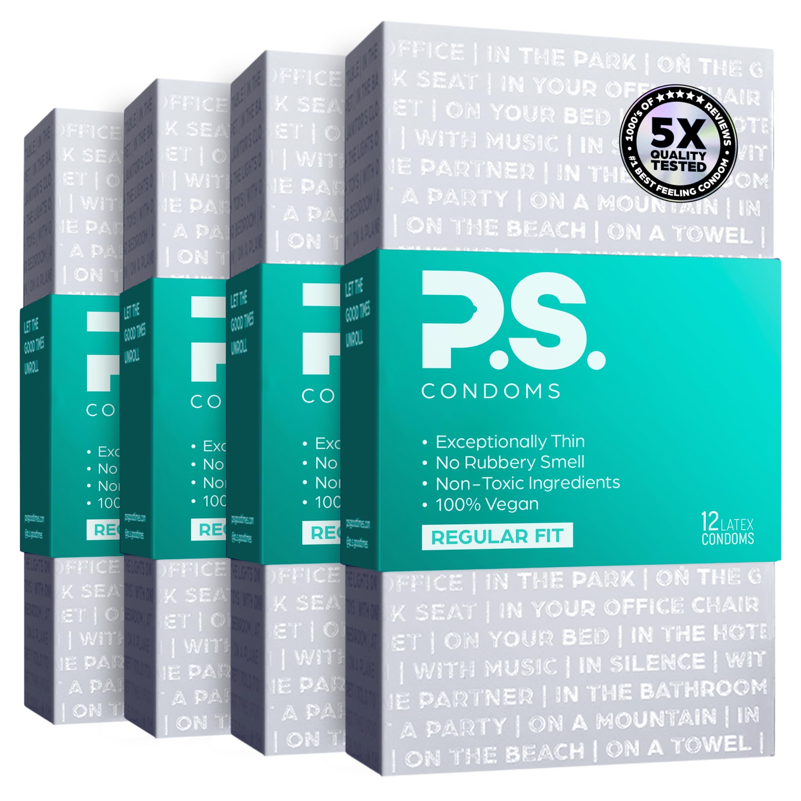 PS Condoms Exceptionally Thin Latex Condoms, Clean & Odorless, 12 Pack | Individually tested, 0.045 mm natural rubber, 40% thinner, lubricated, vegan, and free of PFAS, gluten, glycerin and parabens