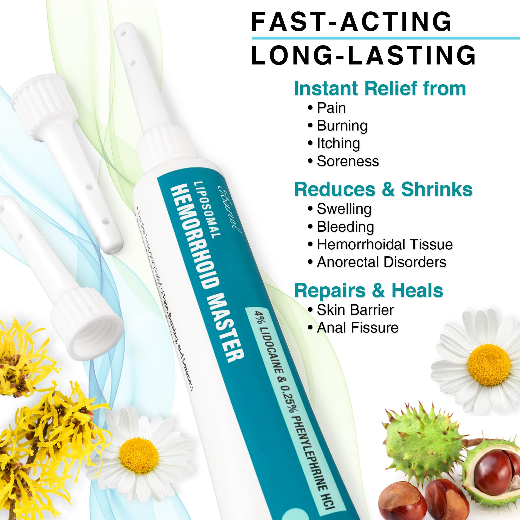 Ebanel 4% Lidocaine Hemorrhoid Treatment Ointment with Phenylephrine, Witch Hazel, Vitamin B6, Zinc Oxide, Frankincense, External and Internal Hemorrhoids Treatment Burn Itch Pain Relief Anal Cream