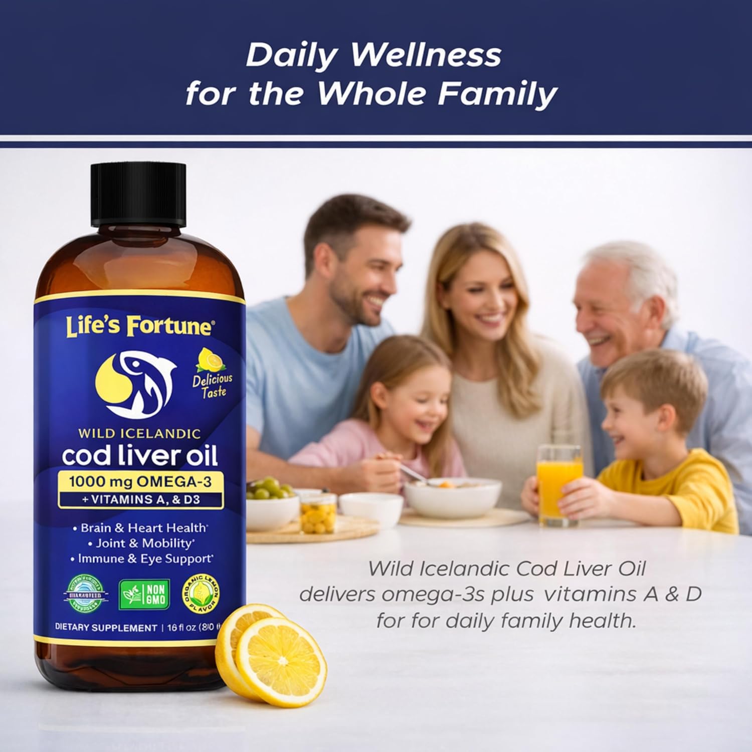 Life's Fortune Cod Liver Oil Liquid Lemon Flavor Organic Supplement with DHA, EPA 1000 mg High Potency Omega-3s + Vitamin A, E & D3 - Supports Immune, Joints, Eyes, 16 Fl Oz (Pack of 1)