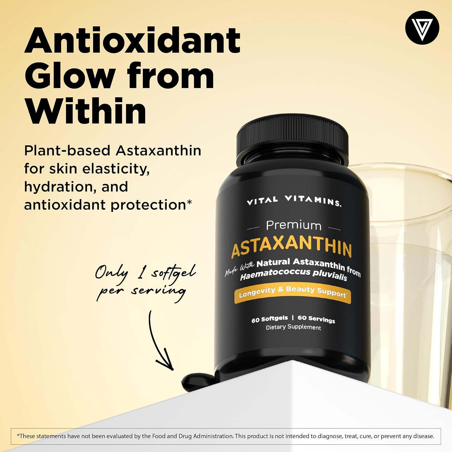 Vital Vitamins Astaxanthin 12mg Softgels for Skin Hydration & Elasticity | Natural Astaxanthin from Microalgae, Antioxidant Protection for Skin, Eyes & Exercise Recovery, Vegan, 60 Softgels