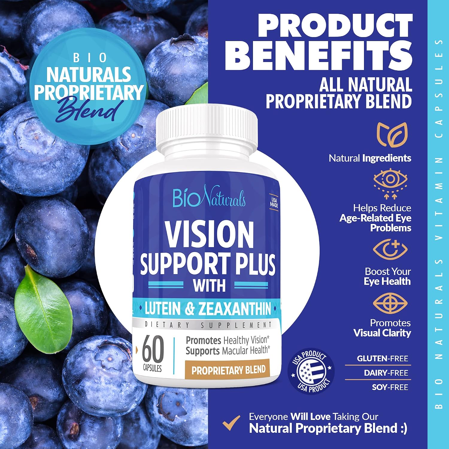 Eye Vitamin Supplement with Lutein, Zeaxanthin, Lycopene, Bilberry, Quercetin & More - All Natural Proprietary Blend Supports Vision & Macular Health - 60 Veggie Capsules