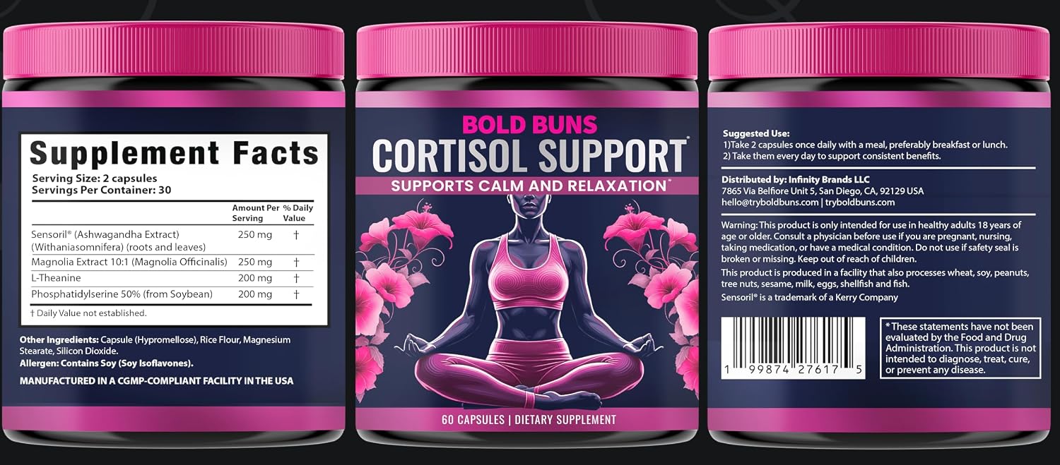 Bold Buns Cortisol Supplements for Women - Cortisol Support Stress & Mood Balance Supplement with Sensoril® Ashwagandha, Magnolia Bark, L-Theanine - Supports Calm, Focus & Sleep (60 Vegan Capsules)