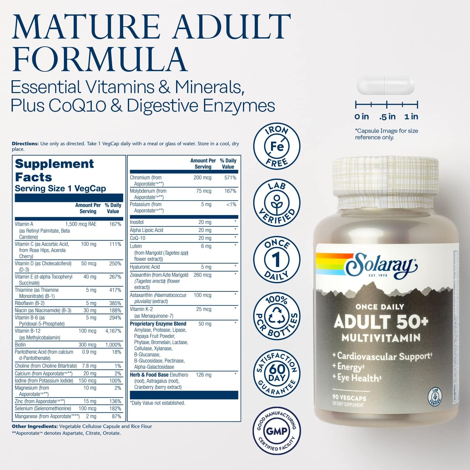 Solaray Once Daily Adult 50+ Complete Multivitamin for Women & Men, Essential Vitamins & Chelated Minerals for Healthy Energy, Heart, Brain & Immune Support, With CoQ10 & Lutein, Iron Free, 90 VegCaps