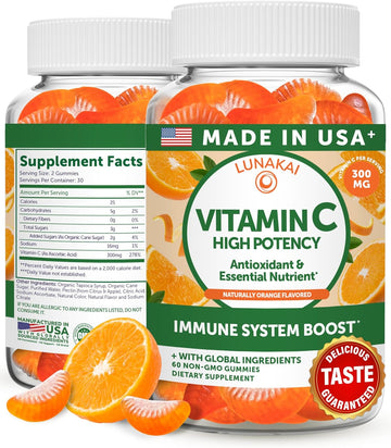 Lunakai USA Made High Potency Vitamin C Gummies for Adults and Kids - 300mg Immune Support - Non-GMO, Vegan, Delicious Orange Flavor, 60ct