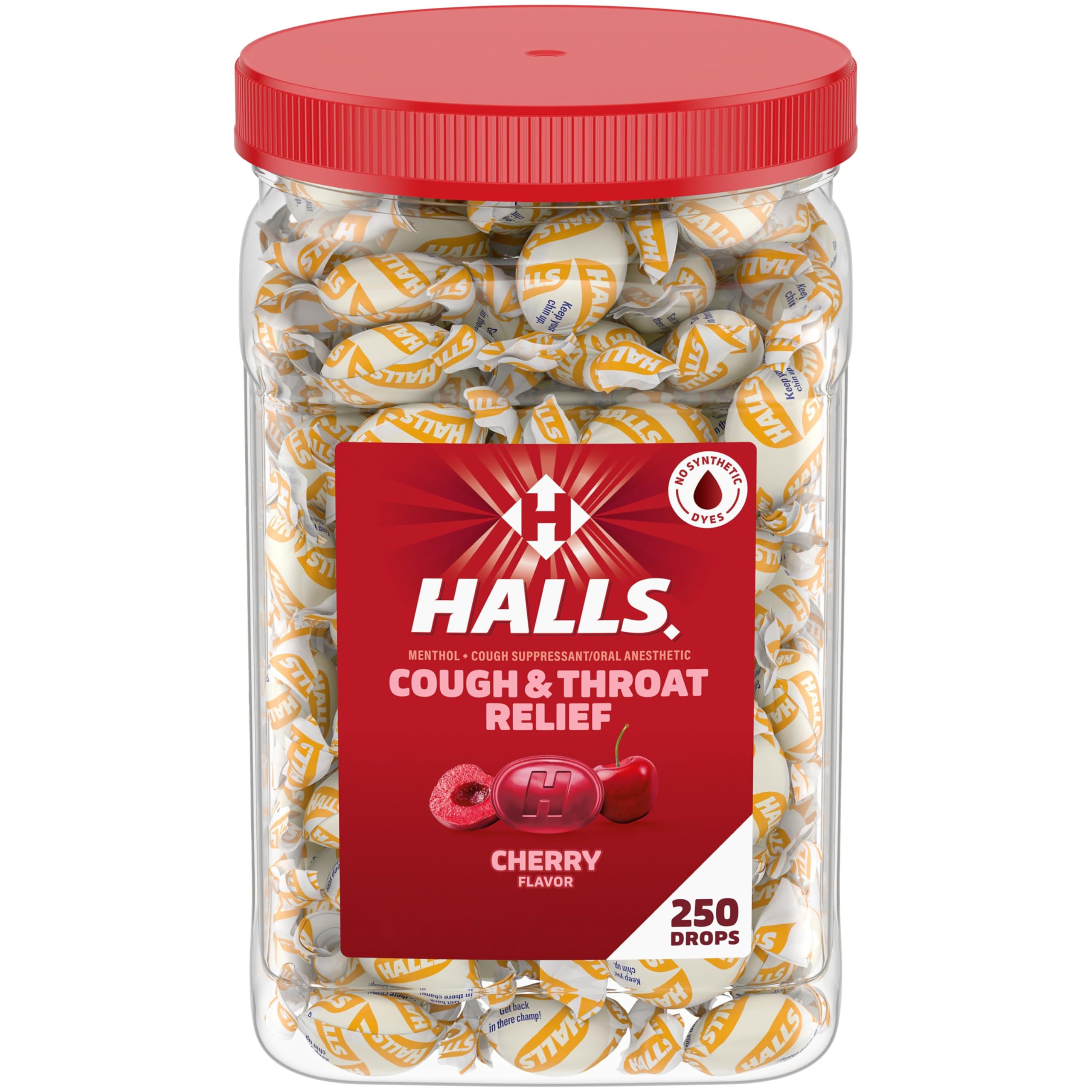 Halls Cough and Throat Relief Cherry Cough Drops, Bulk Pack, 250 Drops