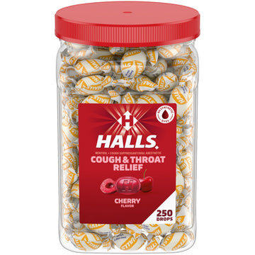 Halls Cough and Throat Relief Cherry Cough Drops, Bulk Pack, 250 Drops