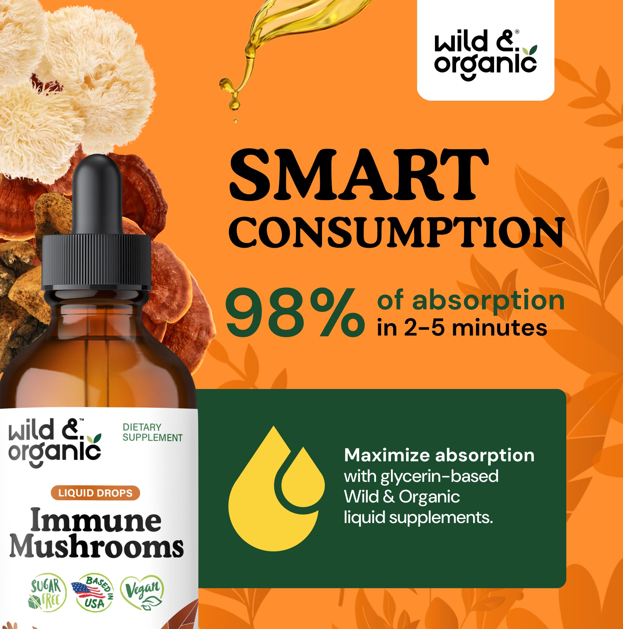 Wild & Organic Immune Mushroom Tincture - 8-in-1 Immune Support with Chaga, Reishi, Turkey Tail, Lion’s Mane, Maitake Extract - Liquid Mushroom Supplement - Vegan, Sugar & Alcohol-Free Drops - 4 oz