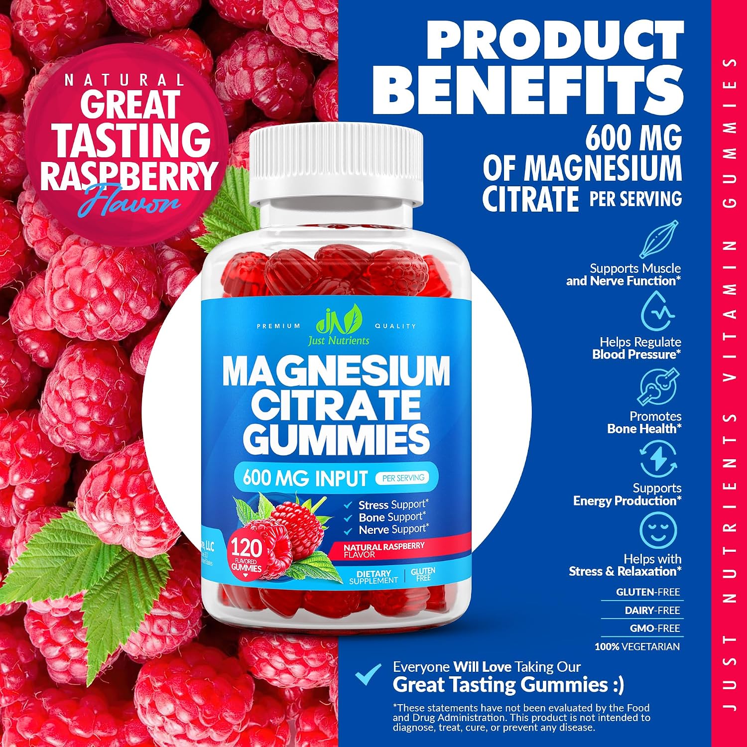 Magnesium Citrate 600mg Gummies (120 Count) - Maximum Strength, Supports Calm, Bone, Heart & Nerve Health - Gluten-Free, Non-GMO, Vegetarian, Great Tasting Raspberry Flavor - 60 Servings