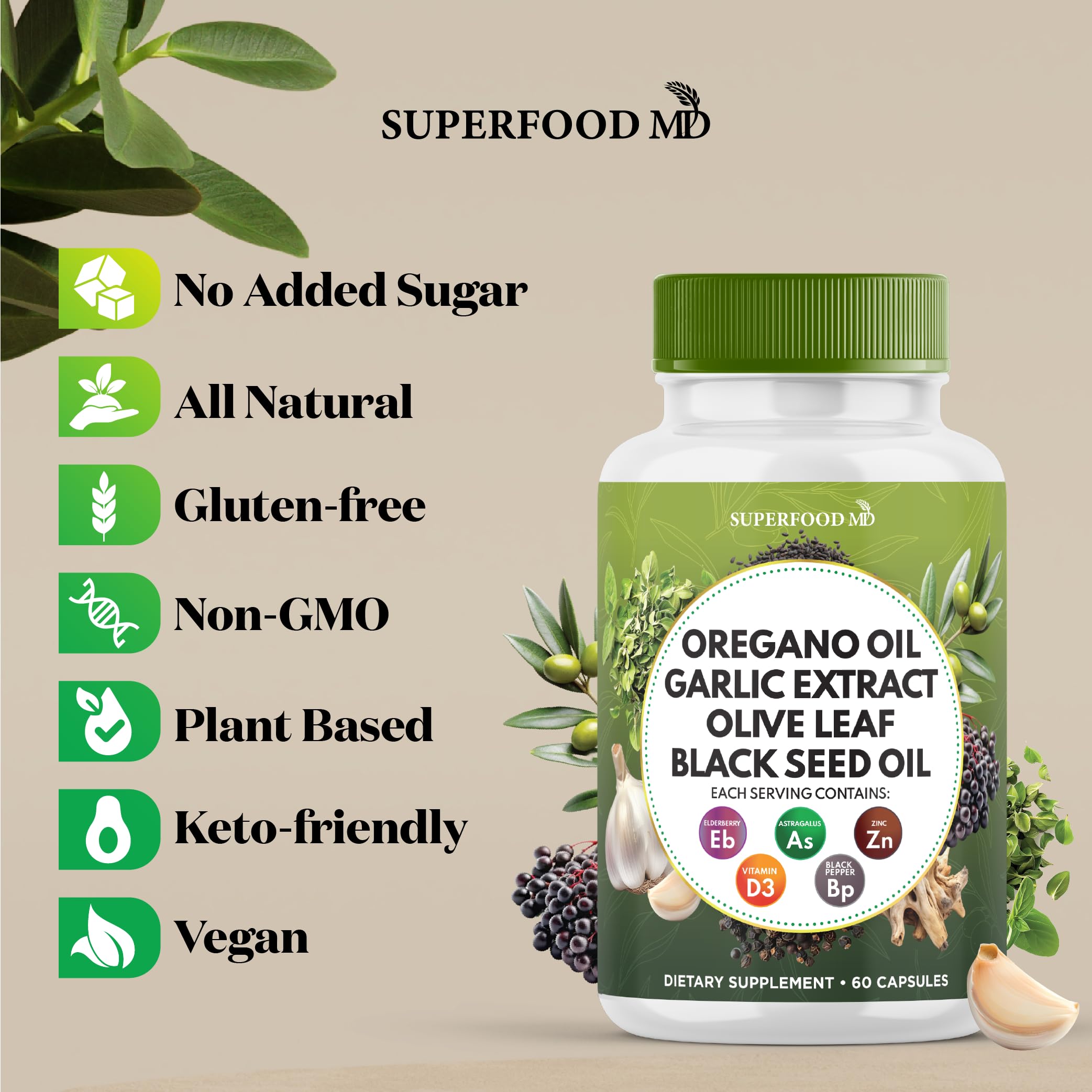 Superfood MD Oregano Oil Garlic Extract Olive Leaf Black Seed Oil Astragalus- for Women and Men- 60 Count
